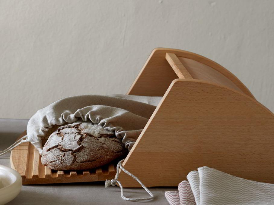 Brotbackplatte, Brotkasten mit integriertem Brotschneidebrett & Brotsack aus Leinen