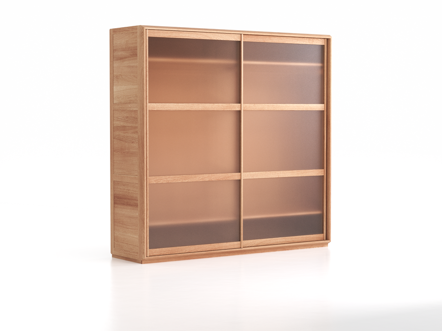 Schrank Akumi, Eckig mit Schiebetüren, Eiche, Türfüllung Glas getönt, B246,6xT66,9xH238,7cm, inkl. Grundausstattung Buche
