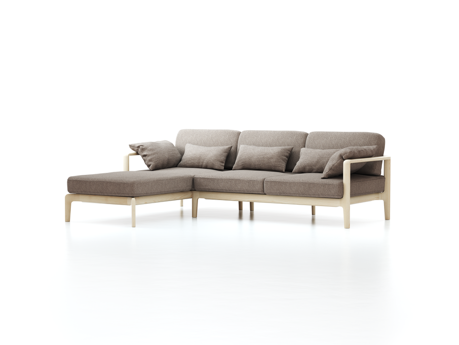 Loungesofa Linera, schmal mit Liegeteil links, Wollstoff Tano Natur (79), Esche