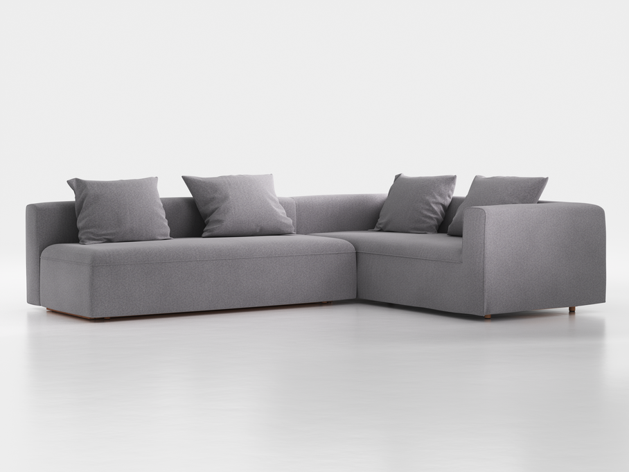 Ecksofa Sereno mit Schlaffunktion inkl. 4 Kissen (70x55 cm), B 300 x T 235 cm, Bodennah, Eckteil rechts, mit Bezug Wollstoff Kaland Kiesel (68), Buche