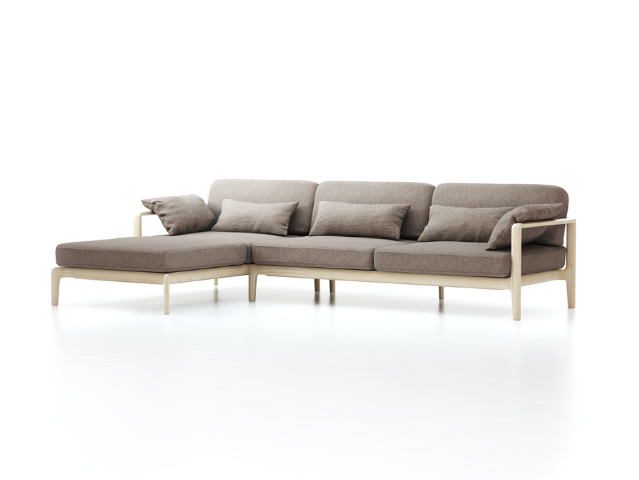 Loungesofa Linera, breit mit Liegeteil links, Wollstoff Tano Natur (79), Esche