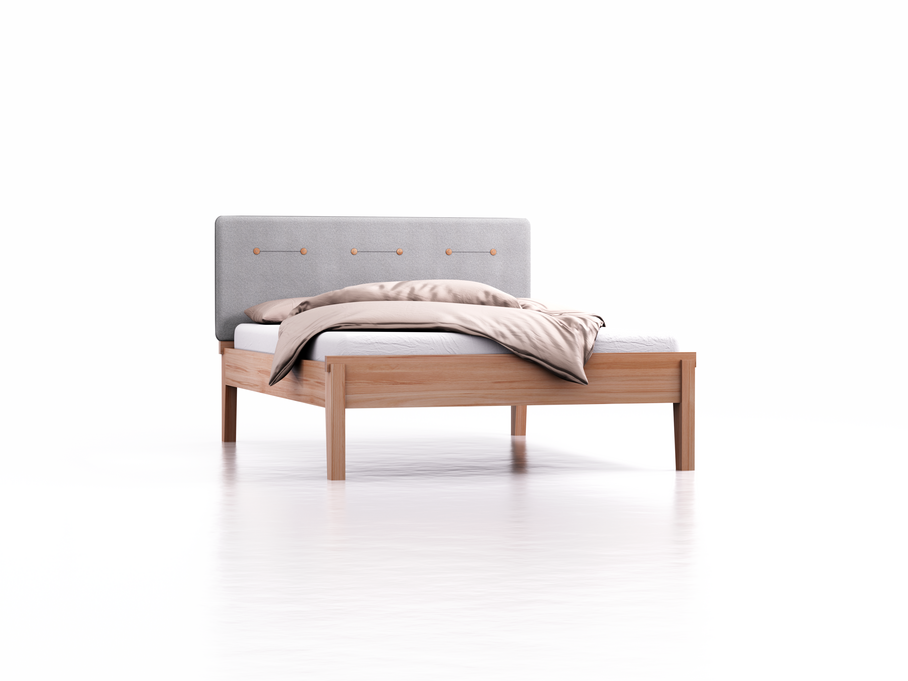 Bett Alpina mit Polsterbetthaupt, Wollstoff Stavang Kiesel, Breite 140 cm x Länge 200 cm, Kernbuche