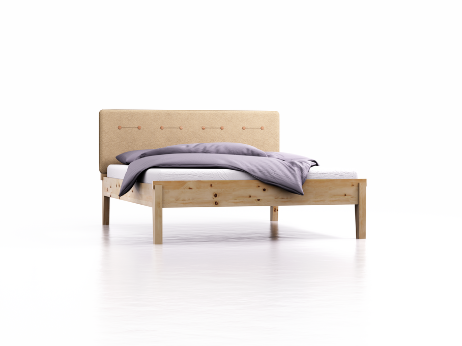 Bett Alpina mit Polsterbetthaupt, Wollstoff Stavang Sand, Breite 160 cm x Länge 200 cm, Zirbe