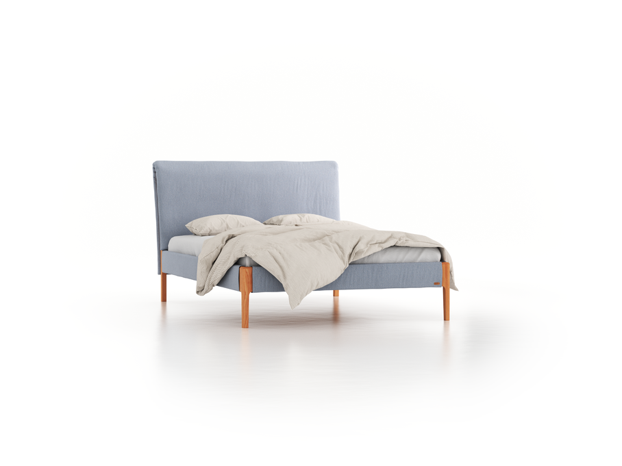 Bett Lorea mit Polsterbetthaupt, 140 x 200 cm, Wollstoff Elverum Blaugrau (83), Buche