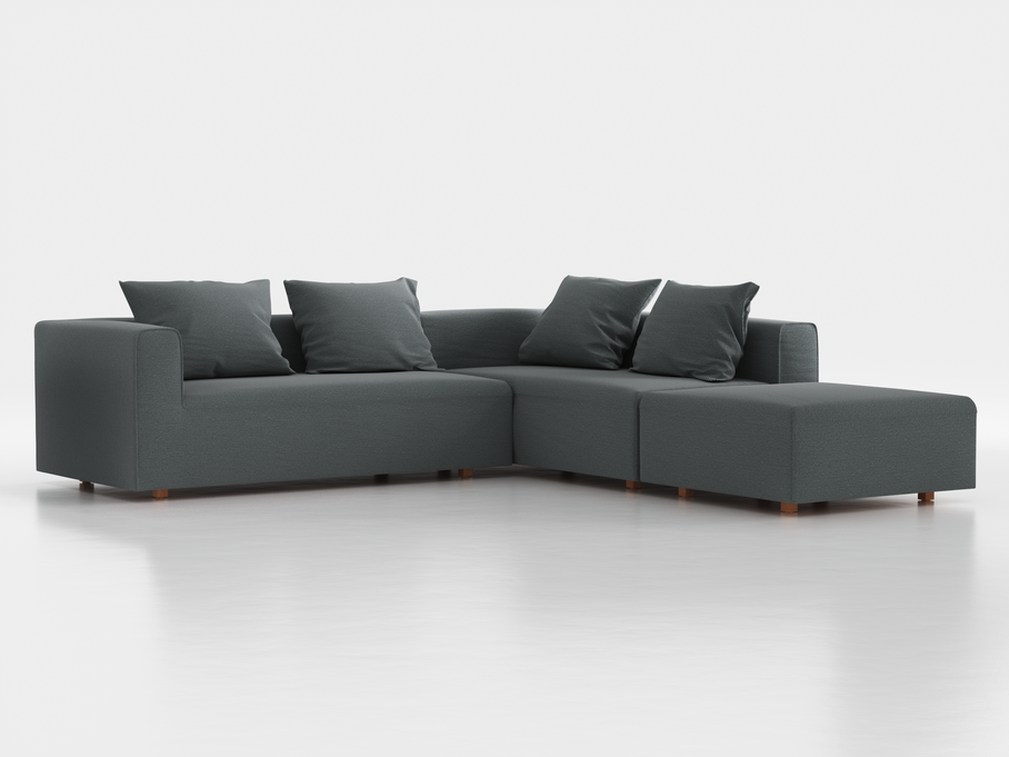Ecksofa Sereno, 276 x 276 cm, inkl. 4 Kissen (70 x 55 cm), Liegeteil rechts, Bodennah, mit Bezug Wollstoff Elverum Grüngrau (84), Buche