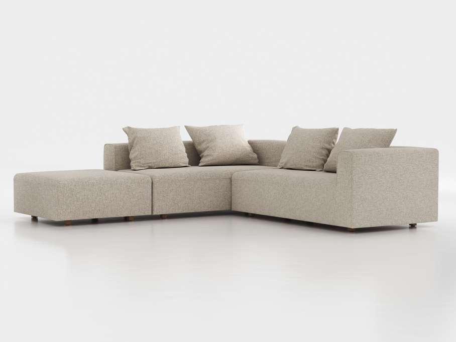 Ecksofa Sereno, 276 x 276 cm, inkl. 4 Kissen (70 x 55 cm), Liegeteil links, Bodennah, mit Bezug Wollstoff Tano Natur Hell (80), Eiche