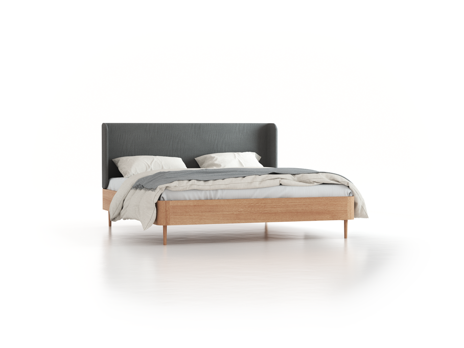 Bett Tonda mit Polsterbetthaupt, 180 x 200 cm, Wollstoff Elverum Mocca (73), Eiche