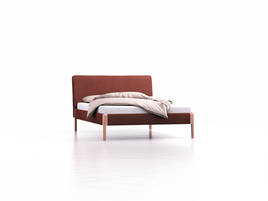 Polsterbett Lorea, Bett Lorea, 140 x 200 cm, Wollstoff Kaland Ziegel (72), Buche