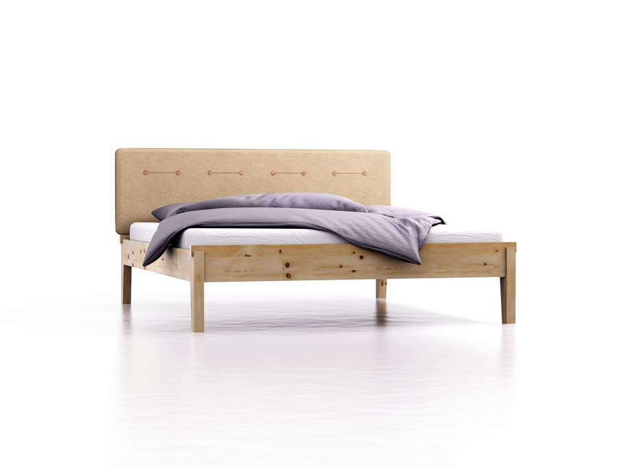 Bett Alpina mit Polsterbetthaupt, Wollstoff Stavang Sand, Breite 180 cm x Länge 210 cm, Zirbe