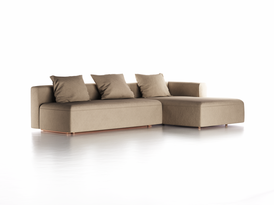 Lounge-Sofa Sereno mit Schlaffunktion inkl. 3 Kissen (70x55 cm), B 320,5 x T 180 cm, Bodennah, Liegeteil rechts, Buche, mit Bezug Wollstoff Stavang Sand (66)