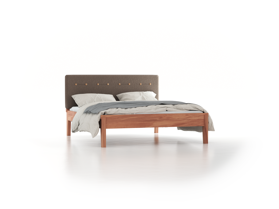 Bett Alpina mit Polsterbetthaupt, 160 x 200 cm, Wollstoff Tano Natur (79), Kernbuche