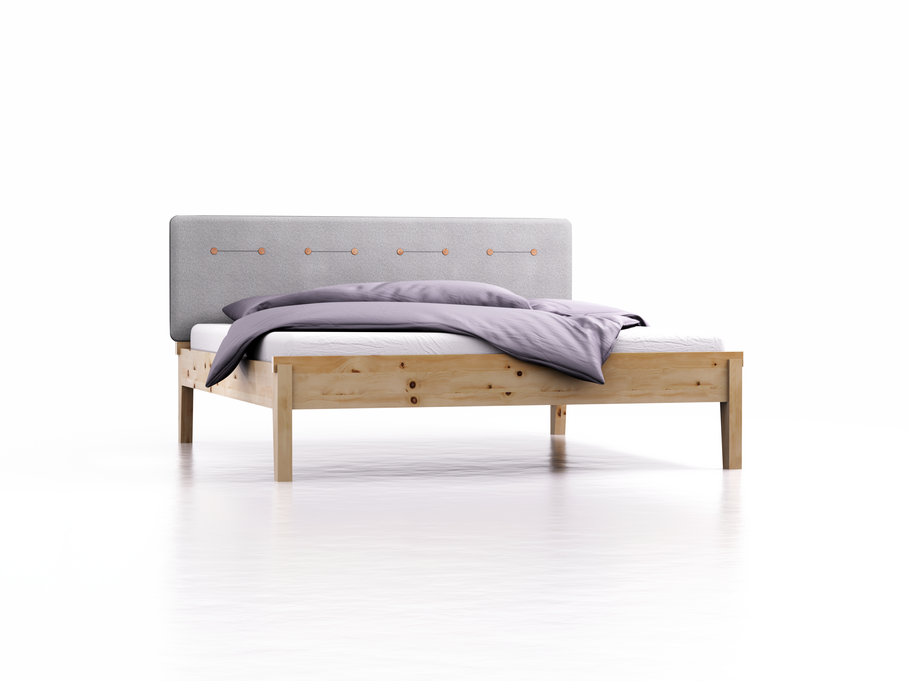 Bett Alpina mit Polsterbetthaupt, Wollstoff Stavang Kiesel, Breite 180 cm x Länge 200 cm, Zirbe