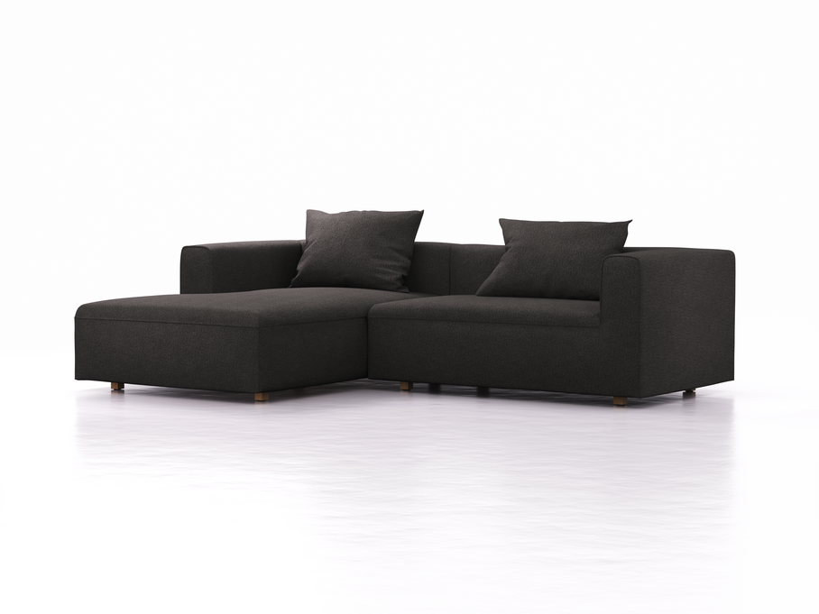 Lounge-Sofa Sereno, bodennah, B267xT180xH71 cm, Sitzhöhe 43 cm, mit Liegeteil links inkl. 2 Kissen (70x55 cm), Eiche, Wollstoff Stavang Schiefer