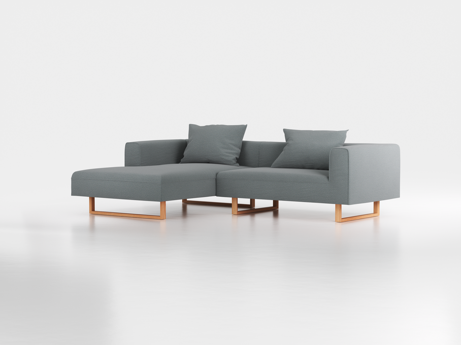 Lounge-Sofa Sereno inkl. 2 Kissen (70x55 cm), B 267 x T 180 cm, Liegeteil links, Kufenfuß, mit Bezug Wollstoff Elverum Grüngrau (84), Buche