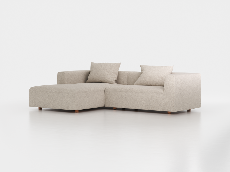 Lounge-Sofa Sereno  inkl. 2 Kissen (70x55 cm), B 267 x T 180 cm, Liegeteil links, Bodennah, mit Bezug Wollstoff Tano Natur Hell (80), Buche