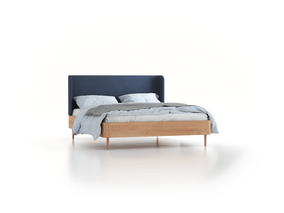 Bett Tonda mit Polsterbetthaupt, 160 x 200 cm, Wollstoff Elverum Ozean (75), Eiche