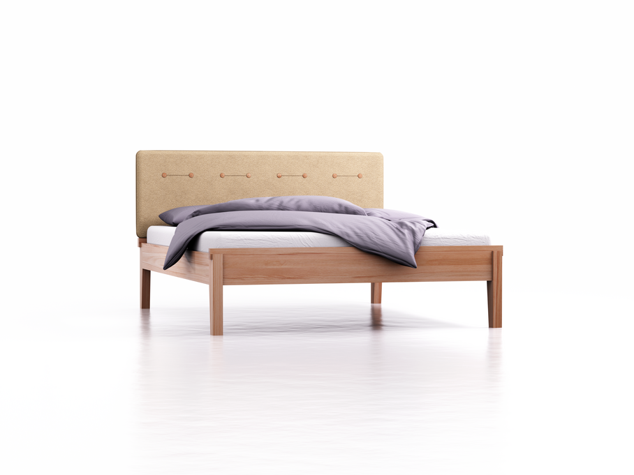 Bett Alpina mit Polsterbetthaupt, Wollstoff Stavang Sand, Breite 160 cm x Länge 200 cm, Kernbuche