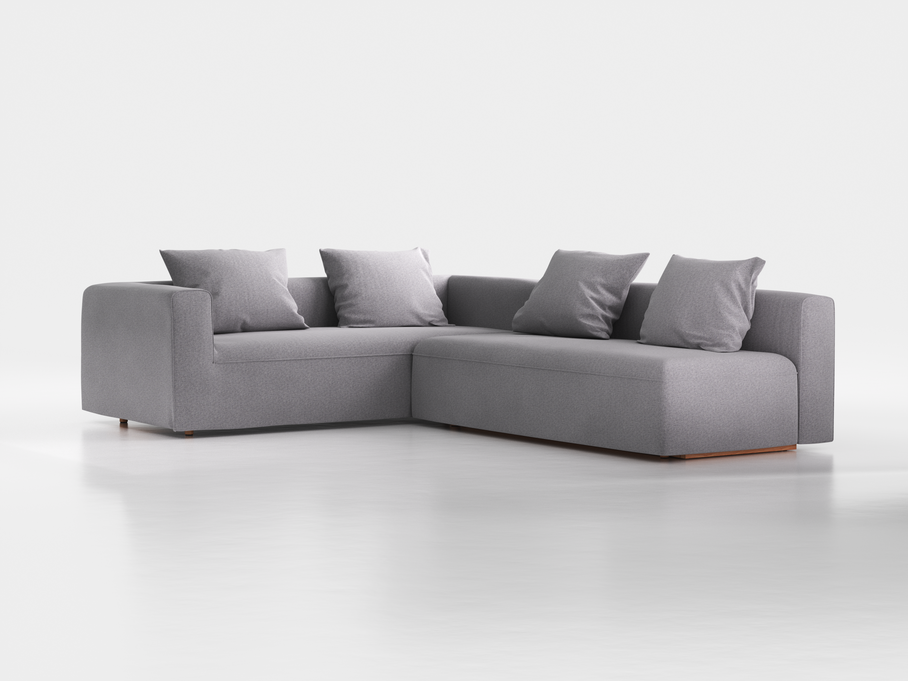 Ecksofa Sereno mit Schlaffunktion inkl. 4 Kissen (70x55 cm), B 300 x T 235 cm, Bodennah, Eckteil links, mit Bezug Wollstoff Kaland Kiesel (68), Buche
