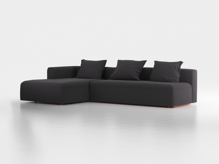 Lounge-Sofa Sereno mit Schlaffunktion inkl. 3 Kissen (70x55 cm), B 320,5 x T 180 cm, Bodennah, Liegeteil links, mit Bezug Wollstoff Kaland Schiefer (67), Buche