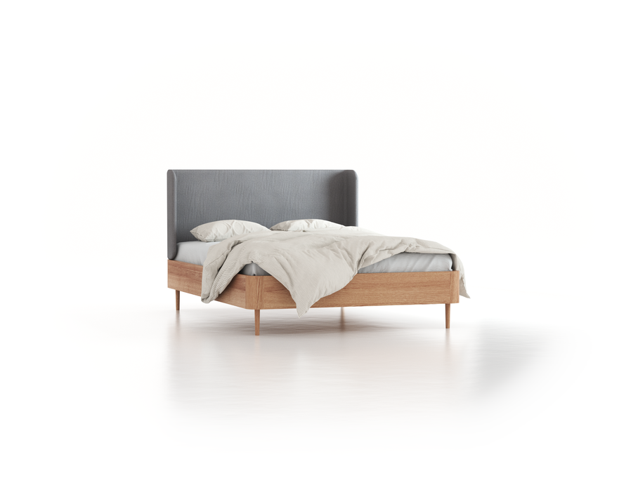 Bett Tonda mit Polsterbetthaupt, 140 x 200 cm, Wollstoff Stavang Kiesel (62), Eiche