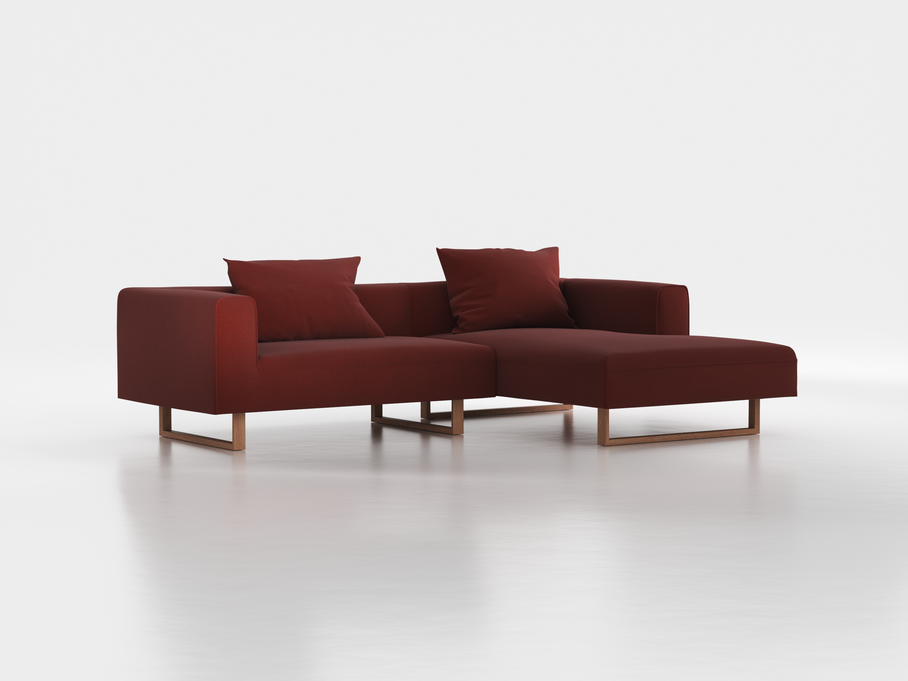 Lounge-Sofa Sereno inkl. 2 Kissen (70x55 cm), B 267 x T 180 cm, Liegeteil rechts, Kufenfuß, mit Bezug Wollstoff Kaland Ziegel (72), Eiche
