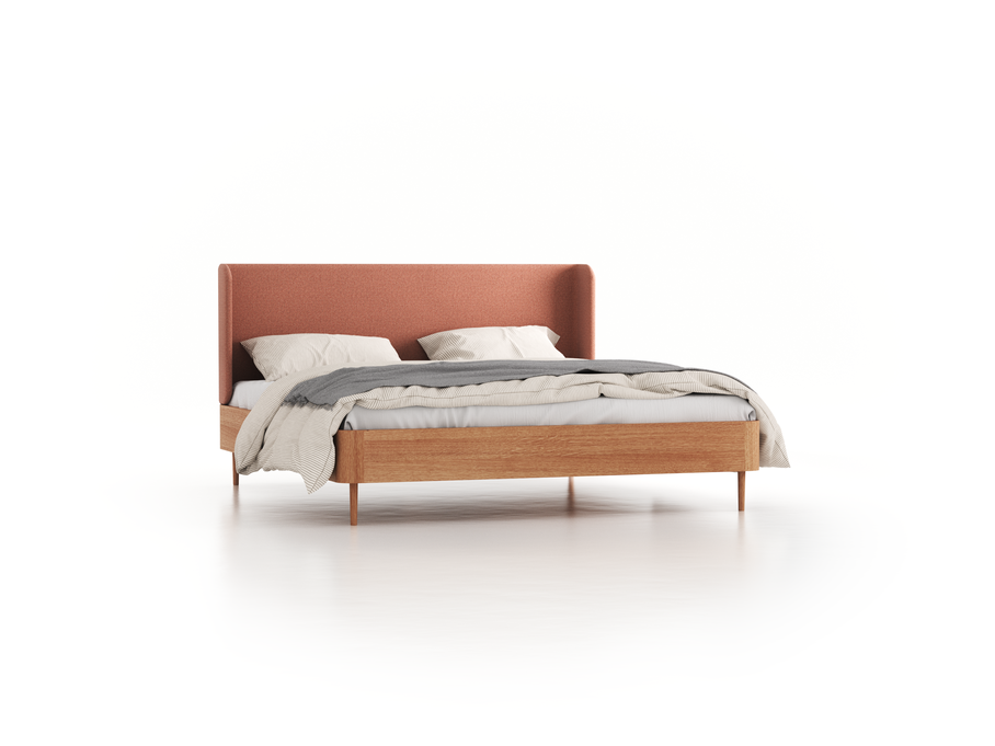 Bett Tonda mit Polsterbetthaupt, 180 x 200 cm, Wollstoff Elverum Ziegel (85), Eiche