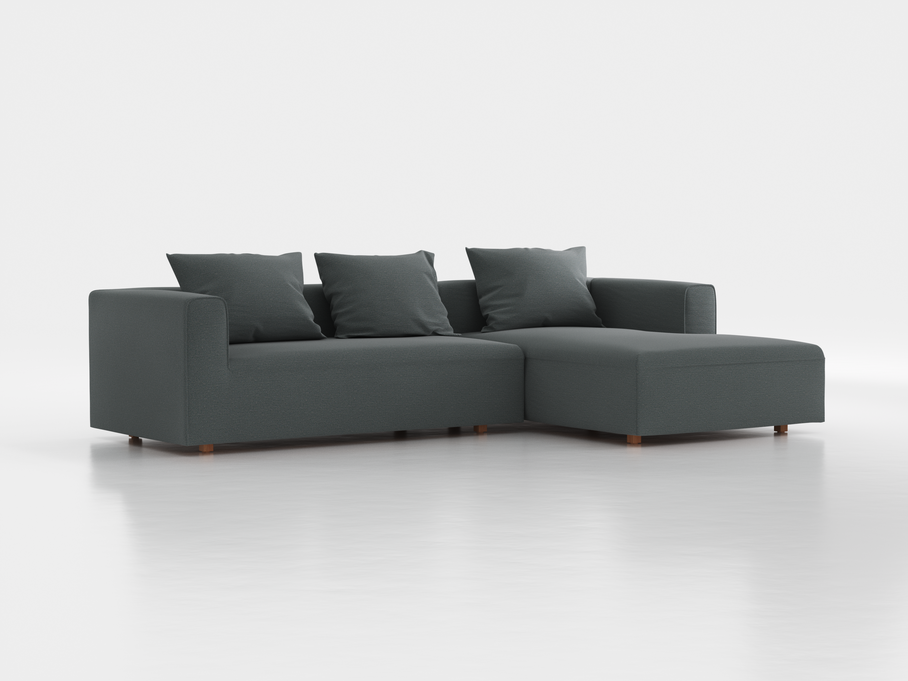 Lounge-Sofa  Sereno inkl. 3 Kissen (70x55 cm), B 297 x T 180 cm, Liegeteil rechts, Bodennah, mit Bezug Wollstoff Elverum Grüngrau (84), Buche