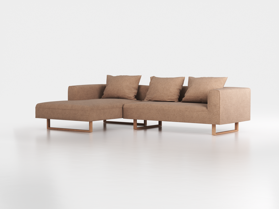 Lounge-Sofa Sereno inkl. 3 Kissen (70x55 cm), B 297 x T 180 cm, Liegeteil links, Kufenfuß, mit Bezug Wollstoff Stavang Haselnuss (65), Eiche