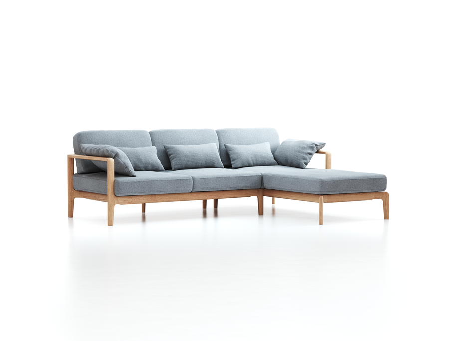 Loungesofa Linera, schmal mit Liegeteil rechts, Wollstoff Kaland Kiesel (68), Eiche