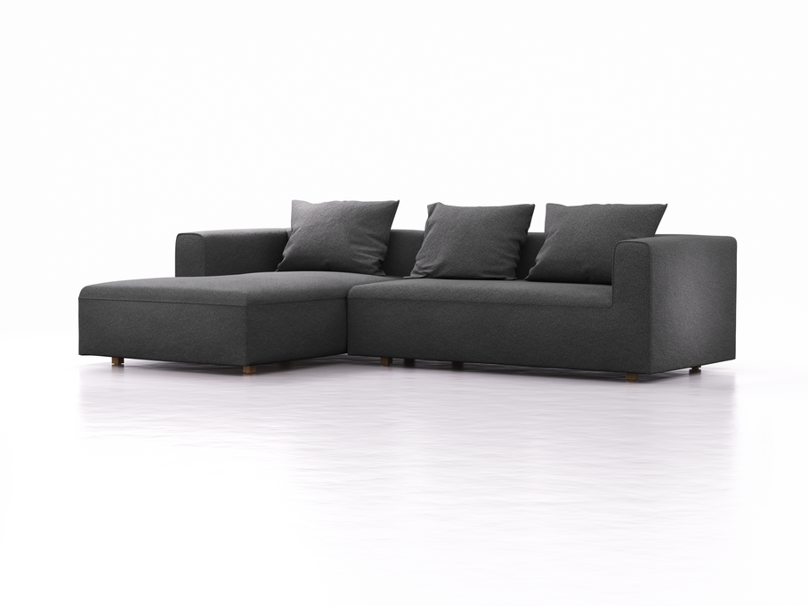 Lounge-Sofa Sereno, bodennah, B297xT180xH71 cm, Sitzhöhe 43 cm, mit Liegeteil links inkl. 3 Kissen (70x55 cm), Eiche, Wollstoff Kaland Schiefer