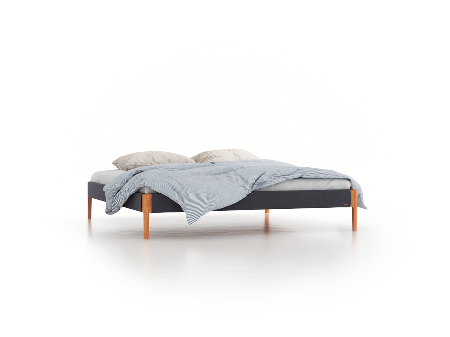 Bett Lorea ohne Betthaupt, 200 x 210 cm, Wollstoff Elverum Torfblau (82), Buche