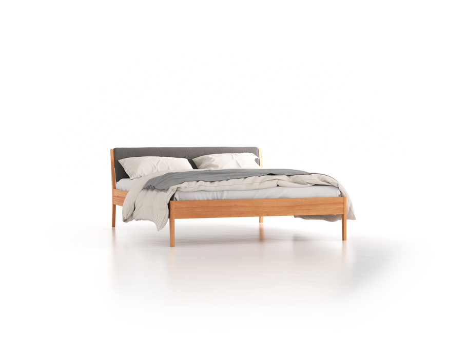 Bett Almeno mit Kopfhaupt inkl. abnehmbare Housse, 160 x 200 cm, Wollstoff Elverum Mocca (73), Buche