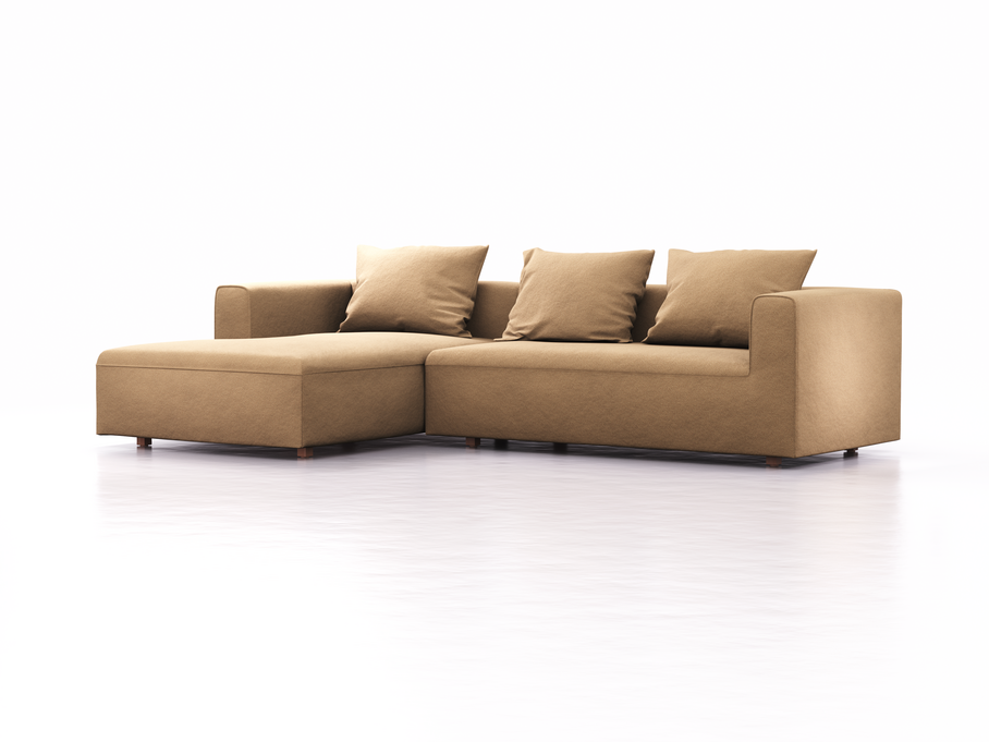 Lounge-Sofa Sereno, bodennah, B297xT180xH71 cm, Sitzhöhe 43 cm, mit Liegeteil links inkl. 3 Kissen (70x55 cm), Buche, Wollstoff Elverum Haselnuss