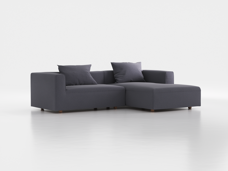 Lounge-Sofa Sereno inkl. 2 Kissen (70x55 cm), B 267 x T 180 cm, Liegeteil rechts, Bodennah, mit Bezug Wollstoff Elverum Torfblau (82), Eiche