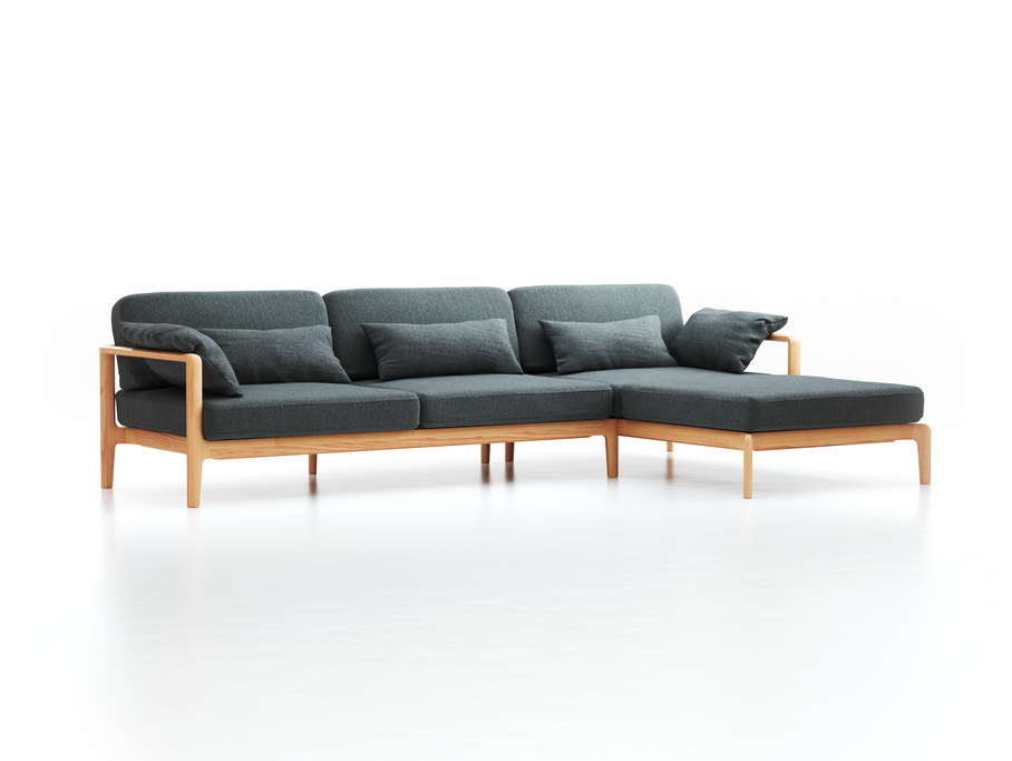 Loungesofa Linera, breit mit Liegeteil rechts, Wollstoff Stavang Stein (61), Buche