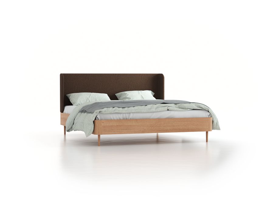 Bett Tonda mit Polsterbetthaupt, 180 x 210 cm, Wollstoff Stavang Torf (64), Eiche