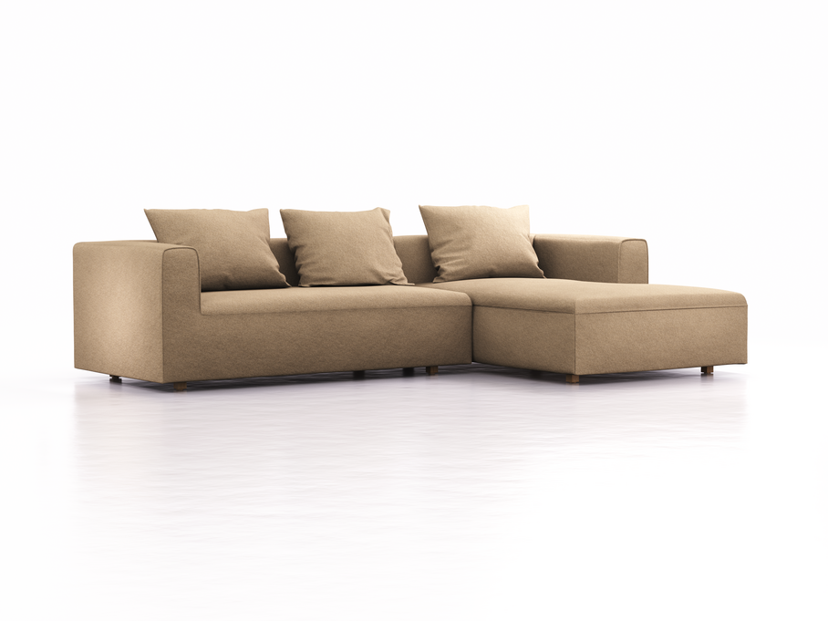Lounge-Sofa Sereno, bodennah, B297xT180xH71 cm, Sitzhöhe 43 cm, mit Liegeteil rechts inkl. 3 Kissen (70x55 cm), Eiche, Wollstoff Stavang Sand