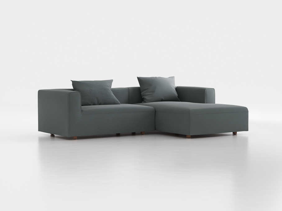 Lounge-Sofa Sereno inkl. 2 Kissen (70x55 cm), B 267 x T 180 cm, Liegeteil rechts, Bodennah, mit Bezug Wollstoff Elverum Grüngrau (84), Eiche