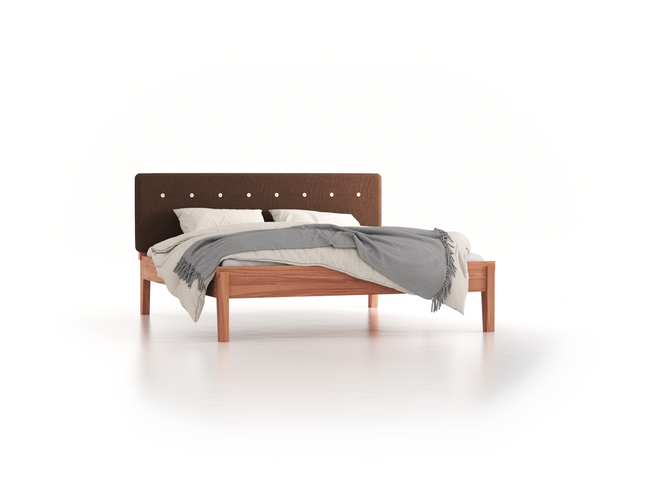 Bett Alpina mit Polsterbetthaupt, 180 x 200 cm, Wollstoff Stavang Torf (64), Kernbuche
