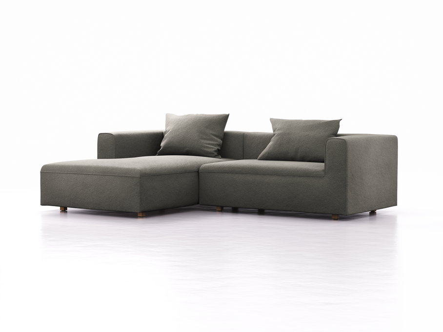Lounge-Sofa Sereno, bodennah, B267xT180xH71 cm, Sitzhöhe 43 cm, mit Liegeteil links inkl. 2 Kissen (70x55 cm), Eiche, Wollstoff Elverum Mocca