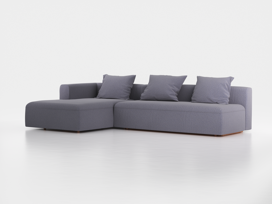 Lounge-Sofa Sereno mit Schlaffunktion inkl. 3 Kissen (70x55 cm), B 320,5 x T 180 cm, Bodennah, Liegeteil links, mit Bezug Wollstoff Elverum Torfblau (82), Buche