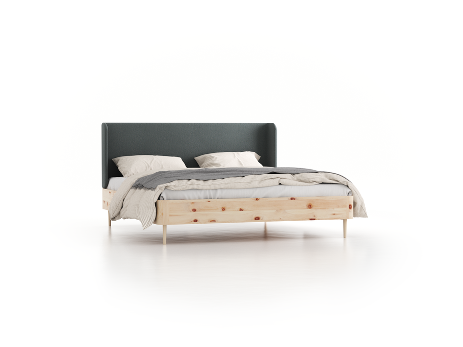 Bett Tonda mit Polsterbetthaupt, 180 x 200 cm, Wollstoff Elverum Grüngrau (84), Zirbe