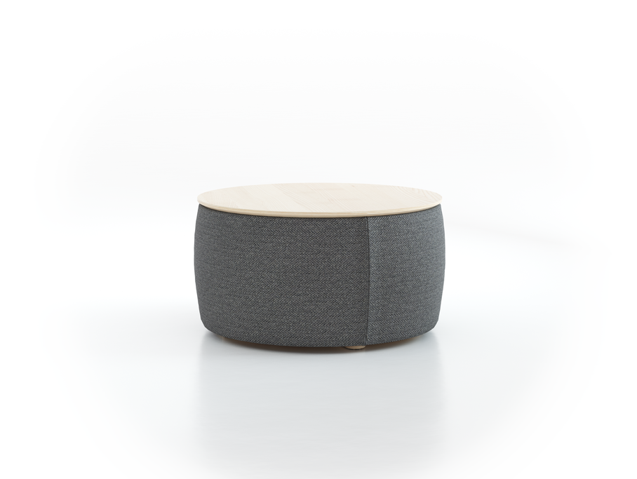 Sofatisch/Hocker Tambor mit Stauraum u. Holzdeckel, H 34,3 cm, Ø 64 cm, Bezug Wollstoff Sletta Kiesel (77), Esche