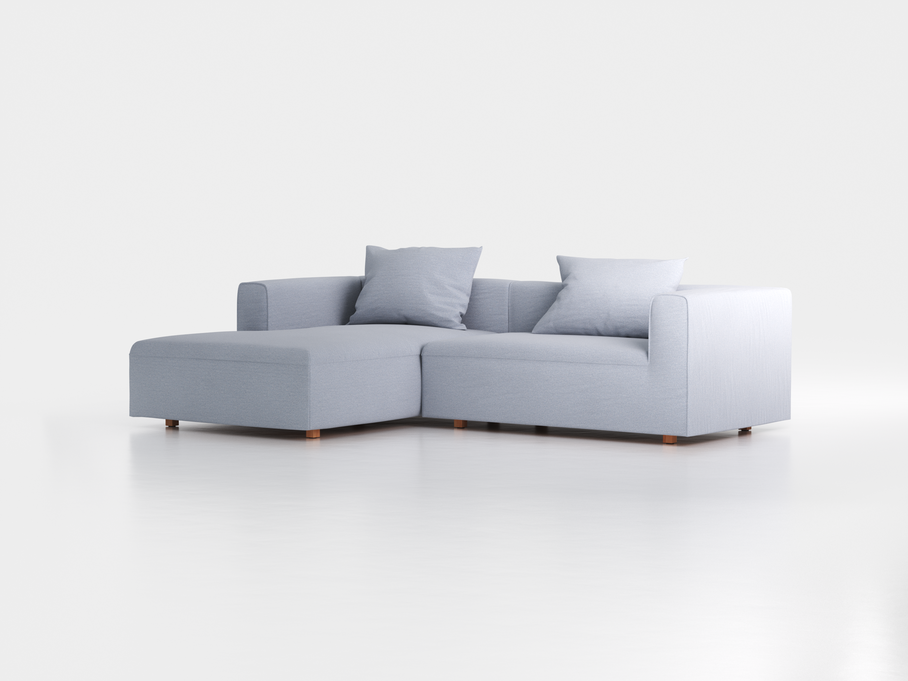 Lounge-Sofa Sereno  inkl. 2 Kissen (70x55 cm), B 267 x T 180 cm, Liegeteil links, Bodennah, mit Bezug Wollstoff Elverum Blaugrau (83), Buche