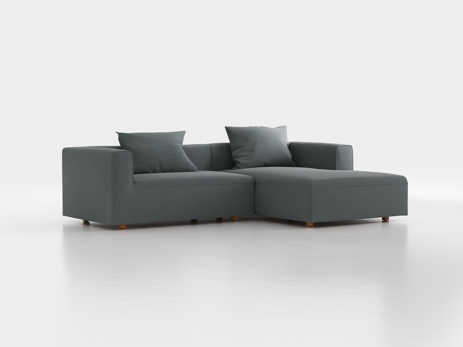 Lounge-Sofa Sereno inkl. 2 Kissen (70x55 cm), B 267 x T 180 cm, Liegeteil rechts, Bodennah, mit Bezug Wollstoff Elverum Grüngrau (84), Buche