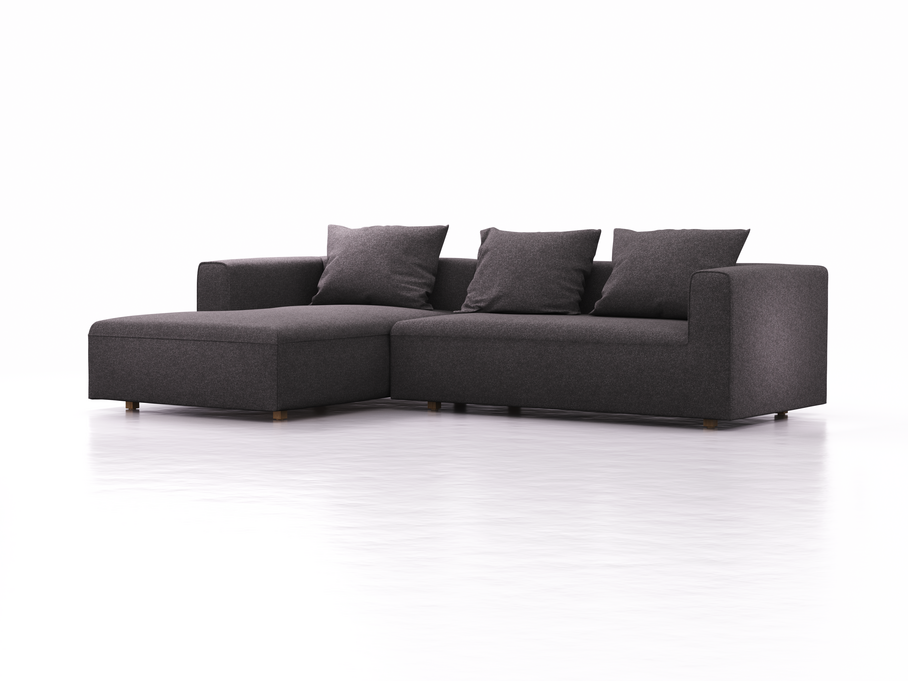 Lounge-Sofa Sereno, bodennah, B297xT180xH71 cm, Sitzhöhe 43 cm, mit Liegeteil links inkl. 3 Kissen (70x55 cm), Eiche, Wollstoff Stavang Stein
