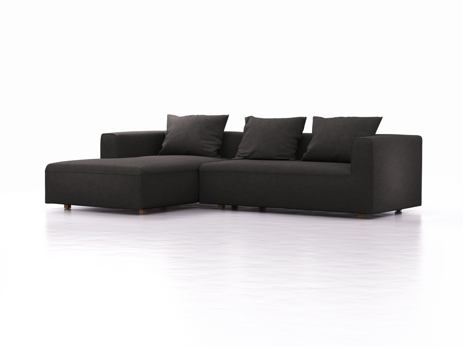 Lounge-Sofa Sereno, bodennah, B297xT180xH71 cm, Sitzhöhe 43 cm, mit Liegeteil links inkl. 3 Kissen (70x55 cm), Eiche, Wollstoff Stavang Schiefer