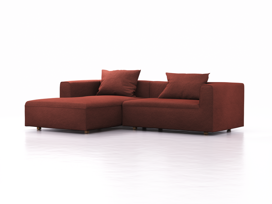 Lounge-Sofa Sereno, bodennah, B267xT180xH71 cm, Sitzhöhe 43 cm, mit Liegeteil links inkl. 2 Kissen (70x55 cm), Eiche, Wollstoff Kaland Ziegel