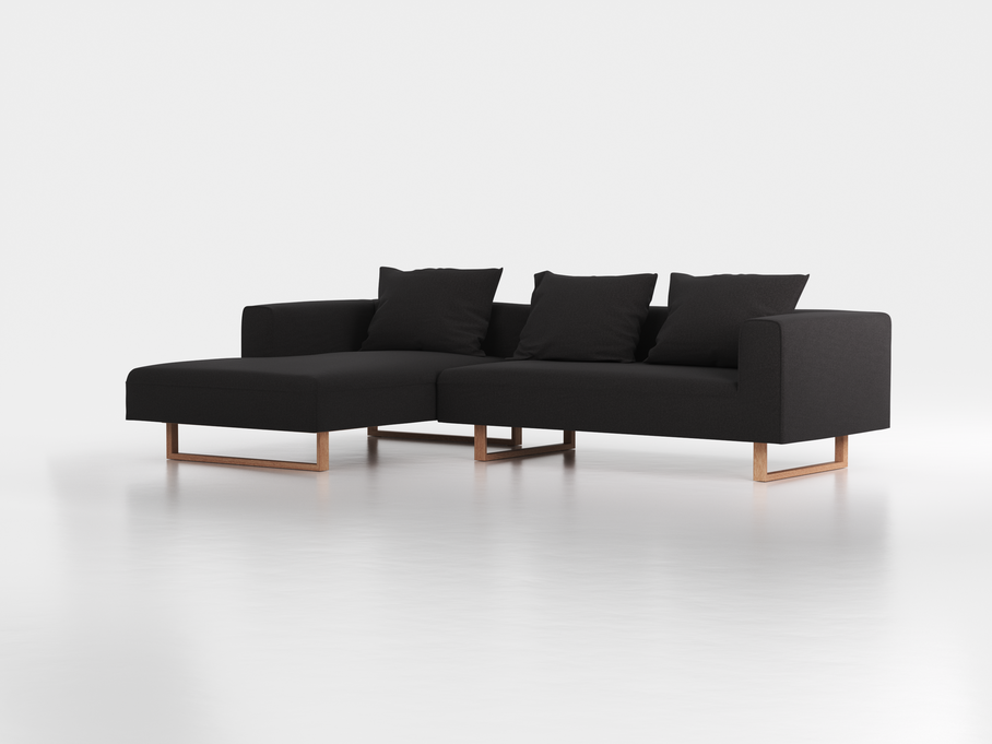 Lounge-Sofa Sereno inkl. 3 Kissen (70x55 cm), B 297 x T 180 cm, Liegeteil links, Kufenfuß, mit Bezug Wollstoff Stavang Schiefer (60), Eiche