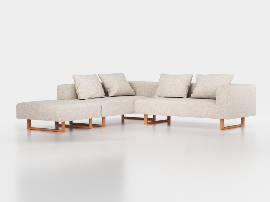 Ecksofa Sereno, 276 x 276 cm, inkl. 4 Kissen (70 x 55 cm), Liegeteil links, Kufenfuß, mit Bezug Wollstoff Tano Natur Hell (80), Buche